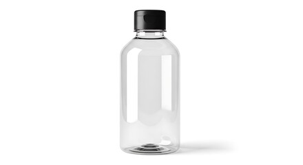 Clear plastic bottle with a black cap on a white background transparent container