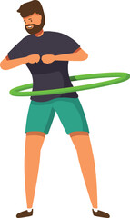 Man enjoys physical activity, rotating hula hoop around his waist, promoting healthy lifestyle and fitness
