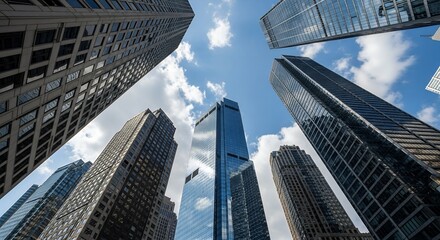 Stunning Low Angle View of Modern Skyscrapers Against a Bright Blue Sky with Fluffy Clouds  Cityscape Architecture Photography