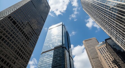 Stunning Low Angle View of Modern Skyscrapers Against a Bright Blue Sky with Fluffy White Clouds  Urban Architecture Photography