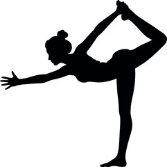 A silhouette of a woman in a yoga pose with one leg extended and one arm reaching forward on white