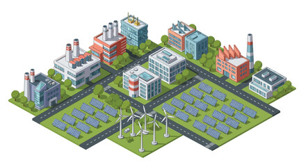 Isometric city with renewable energy sources and factories view