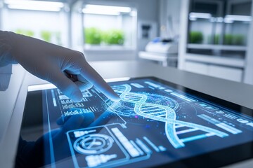 Gloved Hand Interacting with a DNA Helix on a Futuristic Digital Display