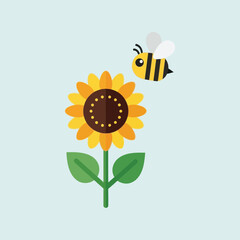 Cartoon sunflower with a bee flying near it against a light blue background.