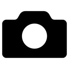Black camera icon with a circular lens isolated on white background suitable for website and app design