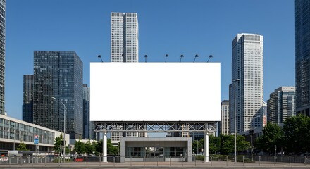 Large blank billboard in a modern urban center on a sunny day.