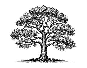 Detailed black and white drawing of a large tree