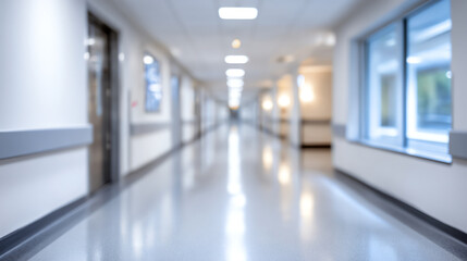 A blurred view of a modern, sterile hallway in a healthcare facility, illustrating a quiet, clinical environment.