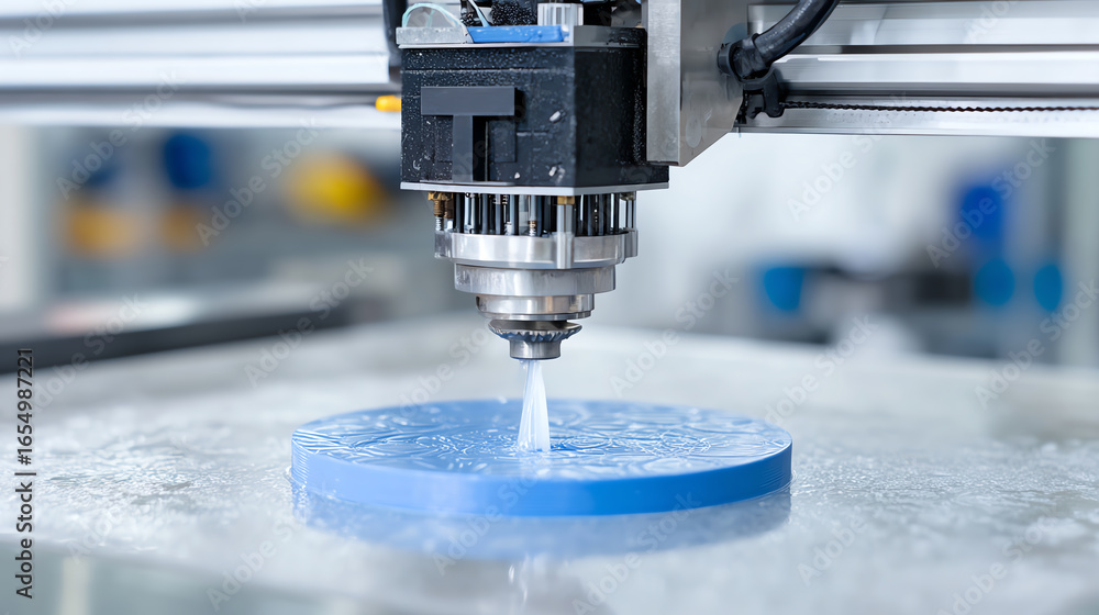 Poster a close-up of a cnc machine cutting a circular piece of material, showcasing precision and advanced 