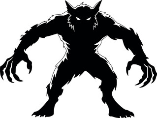 Silhouette of a werewolf standing with claws out and glowing eyes on a white background illustration
