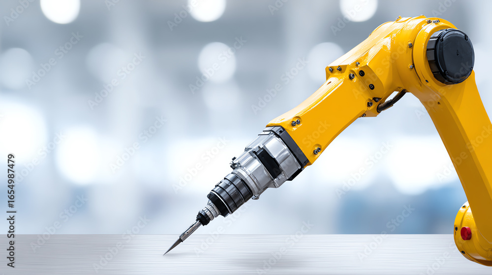Poster a close-up view of a robotic arm with a drill, highlighting technology and innovation in modern manu