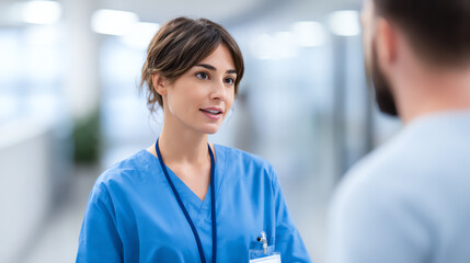 Fototapeta premium A healthcare professional engages in a detailed conversation with a patient in a modern medical setting.