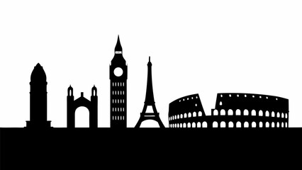 Fototapeta premium Silhouette of famous european landmarks including the colosseum eiffel tower and big ben in black and white art