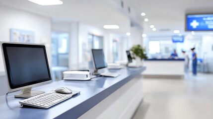 A modern, clean reception area with computers and medical equipment, providing a welcoming atmosphere for patients.