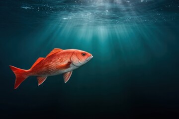 Obraz premium Red snapper swimming in ocean water with sunlight rays from above in a marine environment underwater view