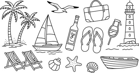 A black and white line drawing of a beach scene with palm trees and a lighthouse and other beach items