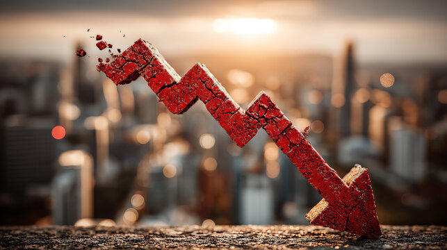 A striking depiction of a declining graph symbolizing economic downturn against a city skyline backdrop at sunset.