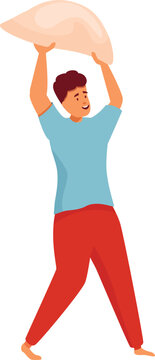 Young man wearing pajamas holding a pillow above his head, sleepwalking and going to bed