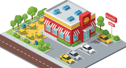 Isometric burger restaurant illustration with parking and patio