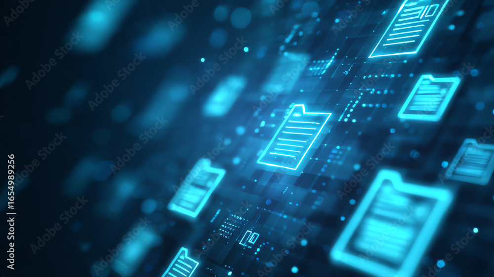 Fototapete abstract digital background with glowing file icons representing data management and futuristic tech