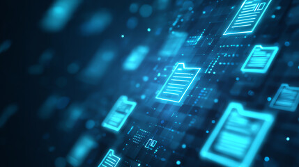 Abstract digital background with glowing file icons representing data management and futuristic technology solutions.