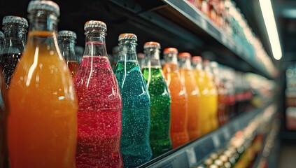 Colorful soda bottles in a grocery store display