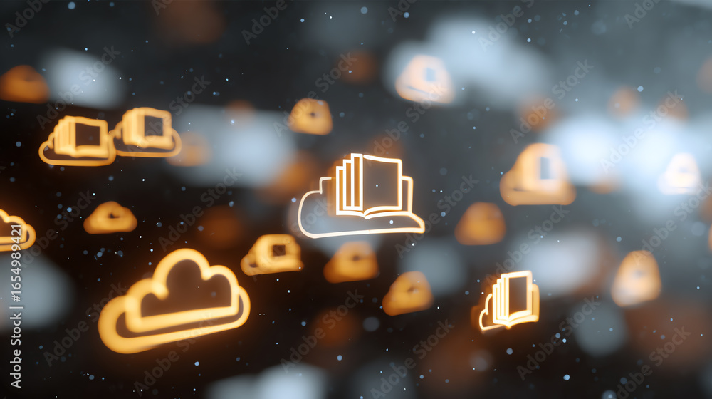 Poster abstract representation of cloud computing with glowing icons symbolizing digital storage and inform