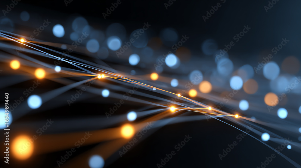 Poster abstract representation of digital connectivity with glowing lines and dots showcasing modern techno