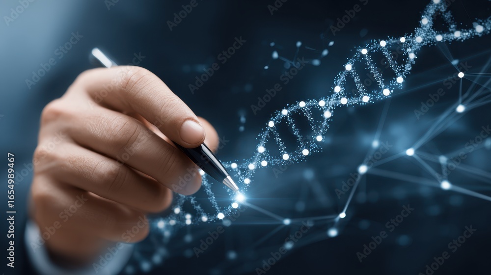 Poster hands holding a digital pen pointing at model lineage graphs on a touchscreen medium shot with blurr