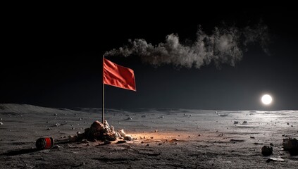 Red flag on a desolate lunar landscape at night
