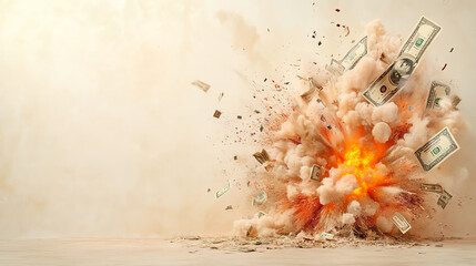 An explosive depiction symbolizing financial chaos, featuring flying money amidst a powerful blast.