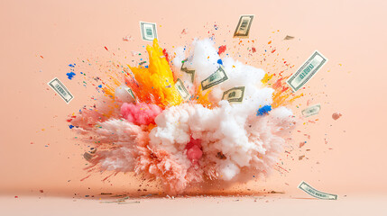 An explosion of colors and money creates a dynamic, vibrant scene, symbolizing financial success and opportunities.