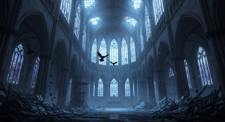 Abandoned Gothic Cathedral Interior with Flying Birds and Debris  Dark Fantasy Landscape Art Print