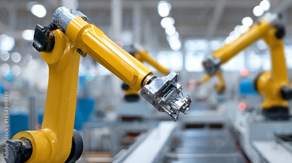 Poster close-up of advanced robotic arms in an industrial setting, showcasing automation and precision in m