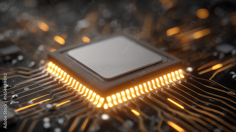 Aufkleber close-up view of a computer chip on a circuit board, highlighting intricate patterns and vibrant lig