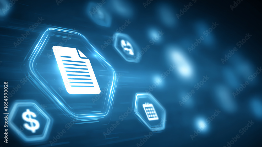 Poster futuristic digital interface with glowing icons representing data and finance. perfect for tech, fin