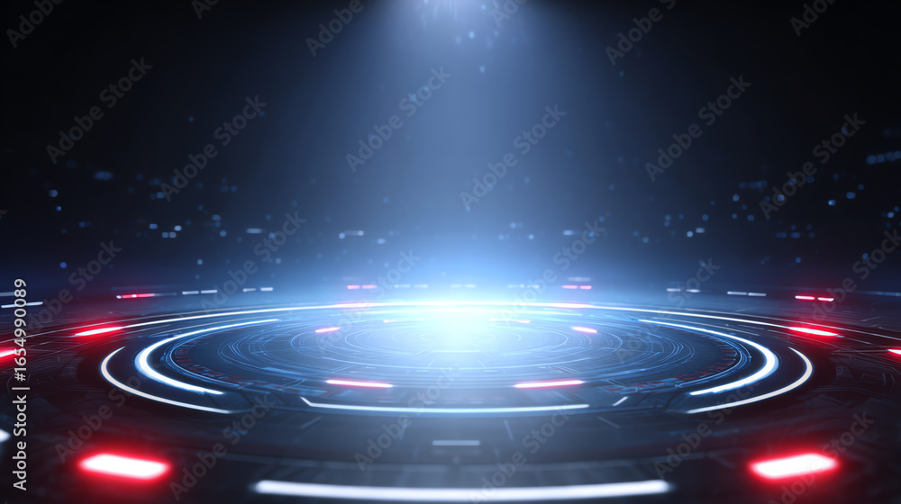 Poster futuristic technology background showcasing a glowing circular platform under dramatic lighting for 