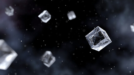 Obraz premium Floating ice cubes in space create a mesmerizing visual effect, highlighting the beauty of frozen elements in an infinite universe.