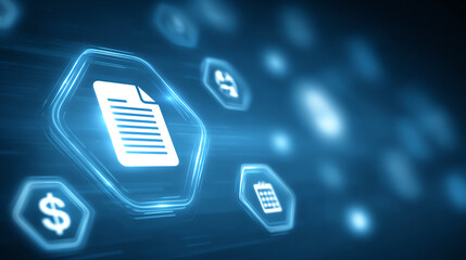 Futuristic digital interface with glowing icons representing data and finance. Perfect for tech, finance, and innovation themes.