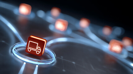 Futuristic logistics network with glowing truck icons and digital connections, representing advanced supply chain technology.
