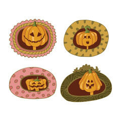 Cute pumpkin characters in vintage frames. Pumpkin portraits. Autumn pumpkins set isolated on white background. Pictures for postcards. Vector illustration.