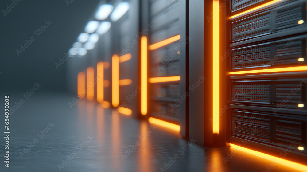 Poster modern data center interior with illuminated server racks, showcasing advanced technology and effici