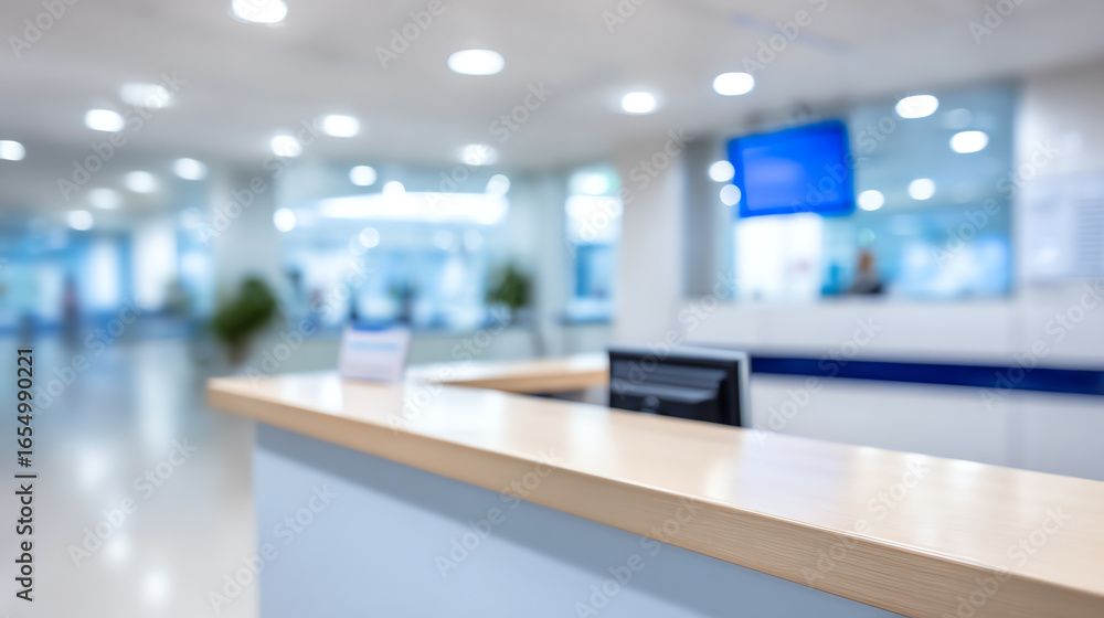 Poster modern reception area with sleek design, bright lighting, and minimalistic style, creating a welcomi