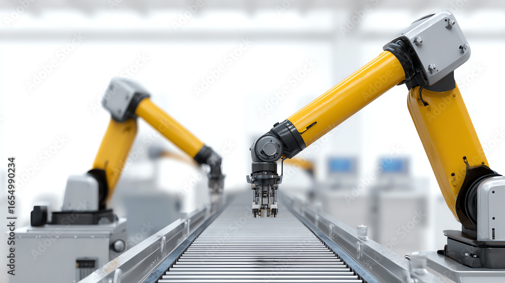 Poster robotic arms working on an assembly line, showcasing automation and innovation in modern industry an