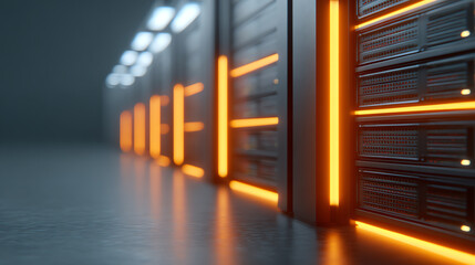 Obraz premium Modern data center interior with illuminated server racks, showcasing advanced technology and efficient design.