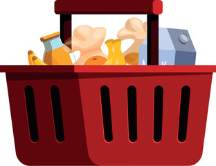 Red shopping basket full of groceries including bananas, milk, juice, bread, and more, representing consumerism and supermarket purchases © nsit0108
