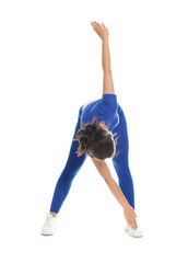 Teenage girl in sportswear stretching on white background