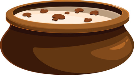 Creamy mushroom soup simmering in a rustic brown ceramic pot, representing comfort food and homemade cuisine