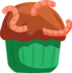Chocolate cupcake with green wrapping decorated with gummy worms for halloween celebration