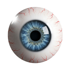 Photo of closeup illustration of a human eyeball with blue iris isolated on transparent background